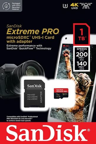 بطاقة اكستريم برو مايكرو اس ديUHS-I 1 تيرابايت من سانديسك، تسجيل فيديو 4K UHD على الجوال وكاميرات الحركة والطائرات بدون طيار، سرعة قراءة وكتابة 200 و140 ميجابايت/ثانية، SDSQXAV 1T00 GN6MA، احمر/ اسود in Saudi Arabia