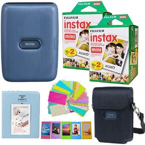 طابعة Fujifilm Instax Mini Link 2 للهواتف الذكية - فيلم صغير فوري باللون الأبيض الطيني (40 ورقة) مع ملحقات تتضمن حافظة متوافقة مع حزام وألبوم صور وملصقات وحزمة (أزرق) in Kuwait