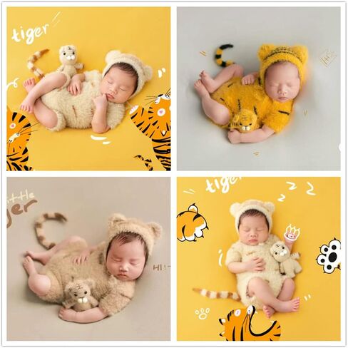 Coberllus Newborn Photography Props Boy Girl Tiger Hat and Footed Romper Baby Photo Props Newborn Photo Shoot Bodysuit Outfit in Saudi Arabia