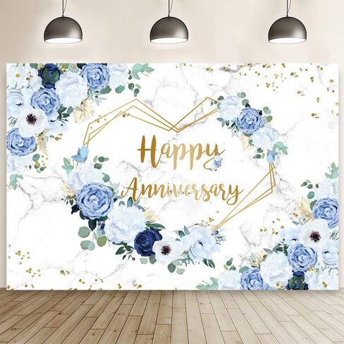MEHOFOND 7x5ft Feliz Aniversario خلفية زرقاء بيضاء الأزهار الزفاف الذكرى التصوير الفوتوغرافي خلفية قلوب هندسية زوجين الزفاف النساء حفلة عيد ميلاد كعكة سحق ديكور استوديو صور الدعائم in Kuwait