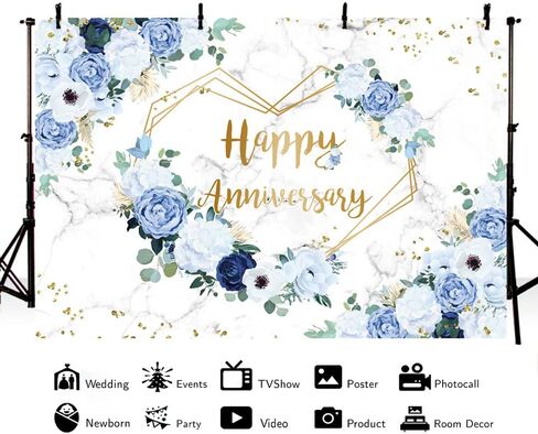 MEHOFOND 7x5ft Feliz Aniversario خلفية زرقاء بيضاء الأزهار الزفاف الذكرى التصوير الفوتوغرافي خلفية قلوب هندسية زوجين الزفاف النساء حفلة عيد ميلاد كعكة سحق ديكور استوديو صور الدعائم in Kuwait