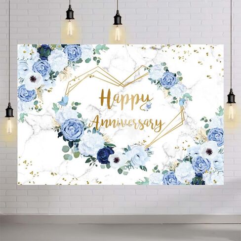MEHOFOND 7x5ft Feliz Aniversario خلفية زرقاء بيضاء الأزهار الزفاف الذكرى التصوير الفوتوغرافي خلفية قلوب هندسية زوجين الزفاف النساء حفلة عيد ميلاد كعكة سحق ديكور استوديو صور الدعائم in Kuwait