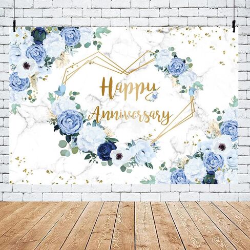 MEHOFOND 7x5ft Feliz Aniversario خلفية زرقاء بيضاء الأزهار الزفاف الذكرى التصوير الفوتوغرافي خلفية قلوب هندسية زوجين الزفاف النساء حفلة عيد ميلاد كعكة سحق ديكور استوديو صور الدعائم in Kuwait