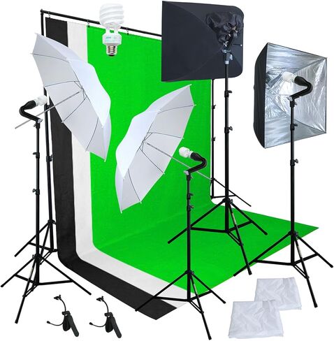 Linco Pheno Studio Lighting Studio Softbox Umbrella Reflector (3 in 1) Photography 9x10 feet Backdrop Stand Kit with 3 Color Muslin & Clamps in Saudi Arabia