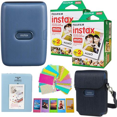 طابعة Fujifilm Instax Mini Link 2 للهواتف الذكية - فيلم صغير فوري باللون الأبيض الطيني (40 ورقة) مع ملحقات تتضمن حافظة متوافقة مع حزام وألبوم صور وملصقات وحزمة (أزرق) in Kuwait