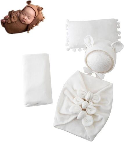Newborn Baby Photography Props Outfits - 4 Pack Baby Boy Girl Photo Props | Stretch Swaddle Blanket, Hat, Bow Wrap & Posing Pad for Newborn Boys Girls Photography Shoot & Milestone in Saudi Arabia