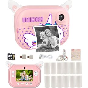 Instant Print Camera for Kids with 12 Rolls Refill Paper, Digital Camera for Girls Christmas Birthday Gifts, Pink Instant Camera for Toddler Children, Photo Toy Camera, 32G SD Card