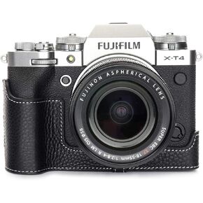 حافظة كاميرا X-T4، حافظة نصف كاميرا مصنوعة يدويًا من الجلد الطبيعي الأصلي من BolinUS لكاميرا Fujifilm Fuji X-T4 XT4 إصدار فتحة سفلية + حزام يد (أسود) in Kuwait