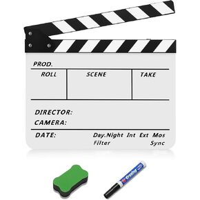 لوح تعليق من Flexzion Director من فيلم Clapper Board مصنوع من بلاستيك الأكريليك المقاوم الجاف للمحو الجاف للكاميرا تصوير فيديو مقطع للتلفزيون لوح سليت مقاس 10x12 بوصة مع العصي البيضاء والسوداء in Kuwait