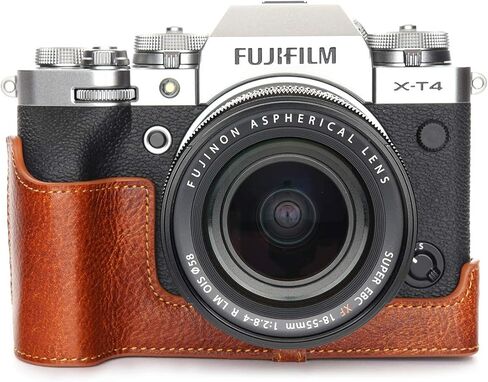 حافظة كاميرا X-T4، حافظة نصف كاميرا مصنوعة يدويًا من الجلد الطبيعي الأصلي من BolinUS لكاميرا Fujifilm Fuji X-T4 XT4 إصدار فتحة سفلية + حزام يد (أسود) in Kuwait