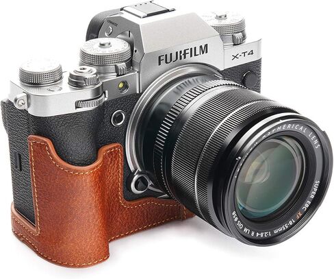 حافظة كاميرا X-T4، حافظة نصف كاميرا مصنوعة يدويًا من الجلد الطبيعي الأصلي من BolinUS لكاميرا Fujifilm Fuji X-T4 XT4 إصدار فتحة سفلية + حزام يد (أسود) in Kuwait