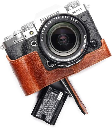 حافظة كاميرا X-T4، حافظة نصف كاميرا مصنوعة يدويًا من الجلد الطبيعي الأصلي من BolinUS لكاميرا Fujifilm Fuji X-T4 XT4 إصدار فتحة سفلية + حزام يد (أسود) in Kuwait