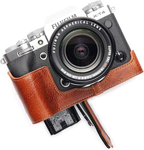 حافظة كاميرا X-T4، حافظة نصف كاميرا مصنوعة يدويًا من الجلد الطبيعي الأصلي من BolinUS لكاميرا Fujifilm Fuji X-T4 XT4 إصدار فتحة سفلية + حزام يد (أسود) in Kuwait
