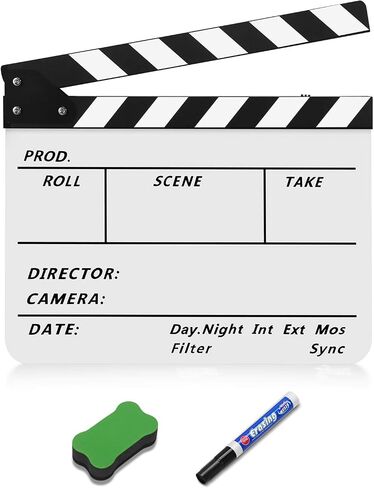 Flexzion Director Clapboard Film Movie Clapper Board Acrylic Plastic Dry Erase Stadio Camera TV Video Cut Action Scene Slate Board 10x12" with Black/White Sticks in Saudi Arabia