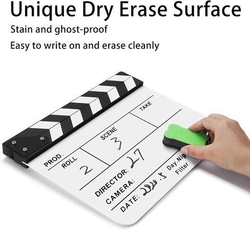 Flexzion Director Clapboard Film Movie Clapper Board Acrylic Plastic Dry Erase Stadio Camera TV Video Cut Action Scene Slate Board 10x12" with Black/White Sticks in Saudi Arabia