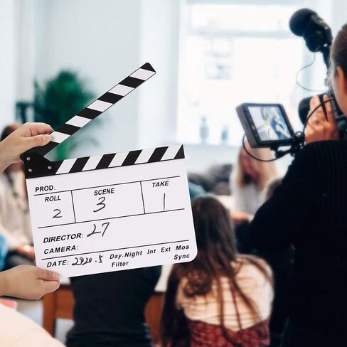 Flexzion Director Clapboard Film Movie Clapper Board Acrylic Plastic Dry Erase Stadio Camera TV Video Cut Action Scene Slate Board 10x12" with Black/White Sticks in Saudi Arabia