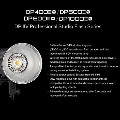 Godox DP600IIIV 600Ws Stobe Flash Studio Light GN106 0.1-1S Recycle Time, 1/2000-1/800s Flash Duration, 2.4G X System CCT 5600±200K Bowens Mount Monolight for Studio Portrait Photography (DP600III-V) in Kuwait