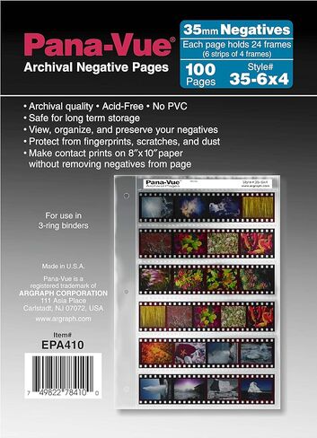 Pana-Vue Archival Negative Pages for 35mm - Holds 24 Frames (6 Strips of 4 Frames). 100 Pack in Kuwait