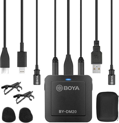 BOYA BY-DM20 Compact Dual-Channel Lavalier Microphone Recording Kit Mono Stereo with iOS Lighnting Andriod USB Type-C USB-A Cable for Smartphone Tablet PC Inteview Online Course Live Stream in Kuwait