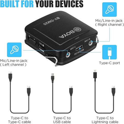 BOYA BY-DM20 Compact Dual-Channel Lavalier Microphone Recording Kit Mono Stereo with iOS Lighnting Andriod USB Type-C USB-A Cable for Smartphone Tablet PC Inteview Online Course Live Stream in Kuwait