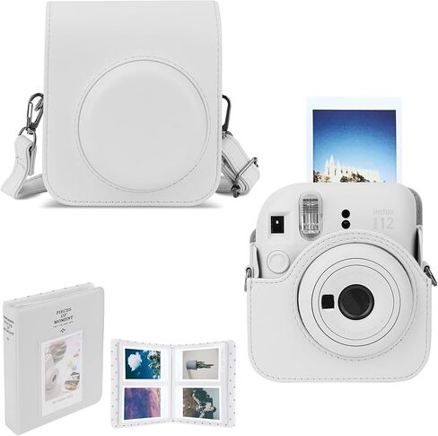 حافظة كاميرا فورية بلون ثابت متوافقة مع كاميرا Fujifilm Instax Mini 12 الفورية - حقيبة كاميرا صغيرة 12 حقيبة من جلد البولي يوريثان مع جيب وحزام كتف قابل للتعديل وألبوم 64 جيب (أزرق سماوي) in Kuwait