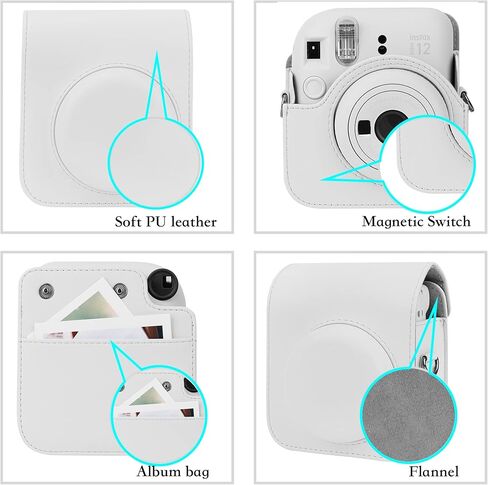 حافظة كاميرا فورية بلون ثابت متوافقة مع كاميرا Fujifilm Instax Mini 12 الفورية - حقيبة كاميرا صغيرة 12 حقيبة من جلد البولي يوريثان مع جيب وحزام كتف قابل للتعديل وألبوم 64 جيب (أزرق سماوي) in Kuwait