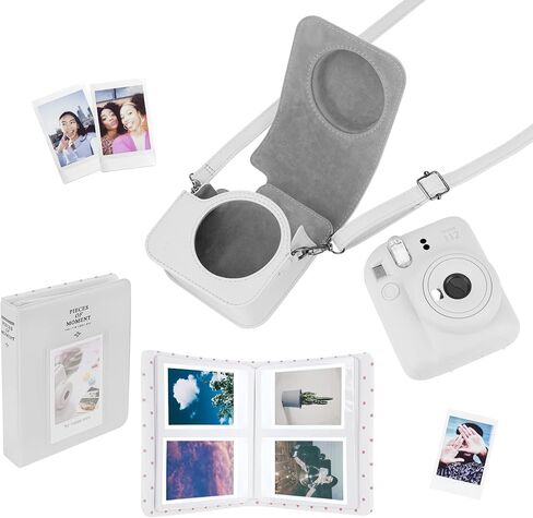 حافظة كاميرا فورية بلون ثابت متوافقة مع كاميرا Fujifilm Instax Mini 12 الفورية - حقيبة كاميرا صغيرة 12 حقيبة من جلد البولي يوريثان مع جيب وحزام كتف قابل للتعديل وألبوم 64 جيب (أزرق سماوي) in Kuwait