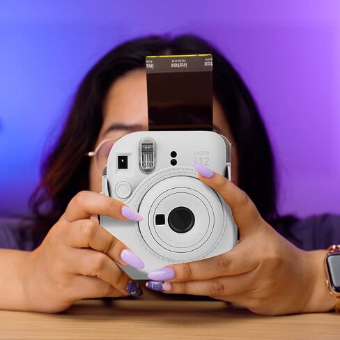حافظة كاميرا فورية بلون ثابت متوافقة مع كاميرا Fujifilm Instax Mini 12 الفورية - حقيبة كاميرا صغيرة 12 حقيبة من جلد البولي يوريثان مع جيب وحزام كتف قابل للتعديل وألبوم 64 جيب (أزرق سماوي) in Kuwait