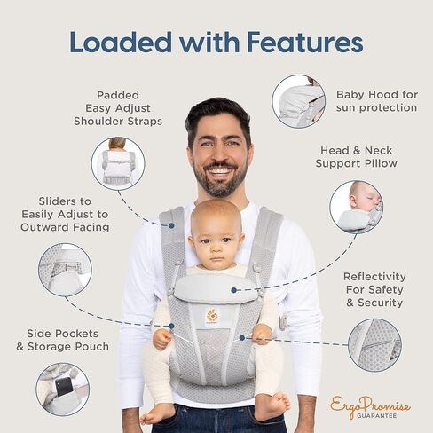 حاملة أطفال شبكية قابلة للتنفس من Ergobaby Omni Breeze لجميع أوضاع الحمل لحديثي الولادة والأطفال الصغار مع دعم قطني معزز وتدفق الهواء (7-45 رطل)، رمادي لؤلؤي in Saudi Arabia