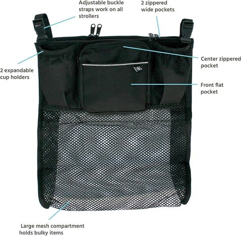 J.L. Childress Cups 'N Cargo, Universal Fit Stroller Organizer with Extra Large Storage, Expandable Deep Cup Holders, Multiple Zippered Pockets, Unique Large Mesh Bag for Larger Items, Black in Saudi Arabia