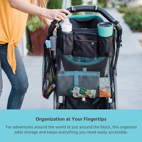 J.L. Childress Cups 'N Cargo, Universal Fit Stroller Organizer with Extra Large Storage, Expandable Deep Cup Holders, Multiple Zippered Pockets, Unique Large Mesh Bag for Larger Items, Black in Saudi Arabia