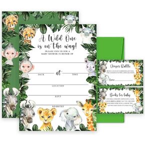 Yuzioey 50 Safari Baby Shower Invitations, Jungle Animals Invitations Macthing Envelpoes, Diaper Raffle Tickets, Book Request Cards, Safari Animals Invitations in Kuwait