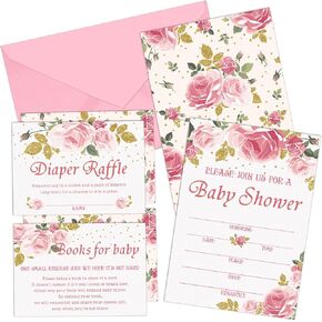 Marspark Set of 25 Floral Baby Shower Invitations, Diaper Raffle Tickets and Book Request Cards with Envelope, Baby Shower Party Supplies for Girl in Saudi Arabia