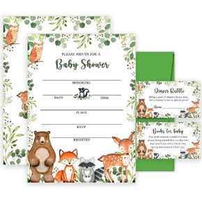 Yuzioey 50 Woodland Baby Shower Invitations, Forest Woodland Greenery Invitations Macthing Envelpoes, Diaper Raffle Tickets, Book Request Cards, Forest Creatures Invitations in Kuwait