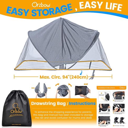 Orzbow Baby Mosquito Net for Stroller with Sun Shade, Breathable, Black | Tear-Resistant Mesh, Insect Barrier w/Travel Bag for Stroller, Car Seat, Bassinet, Cradle, Mini Cribs, Baby Summer Essential in Saudi Arabia