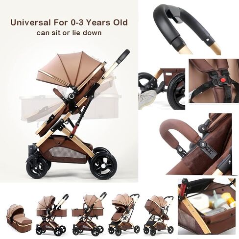 Baby Pushchair High Landscape Baby Carriage Two-Way Pram Trolley Baby Stroller for Infant and Toddler, Lightweight Baby Pram Stroller for Newborn Ideal for 0-36 Months (Color : Brown) in Saudi Arabia