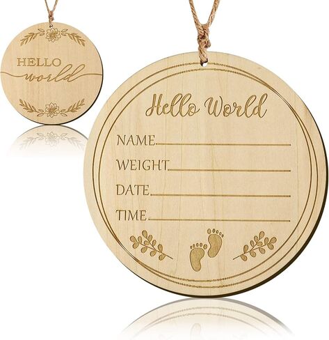 LUTER Baby Announcement Sign, 3.9 inch Hello World Welcome Name Sign with a Hemp Rope Round Wooden Milestone Baby Announcement Plaque for Newborn Photo Props in Saudi Arabia