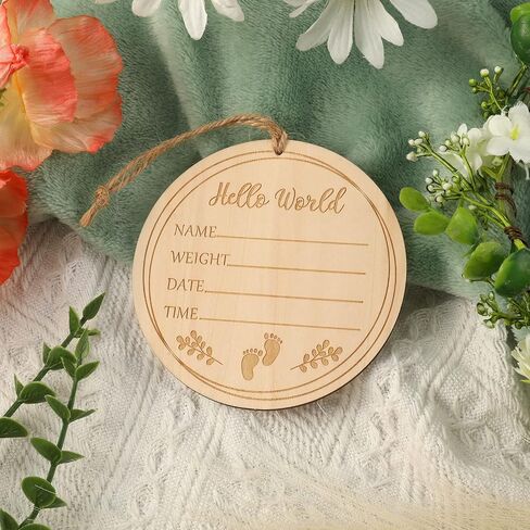 LUTER Baby Announcement Sign, 3.9 inch Hello World Welcome Name Sign with a Hemp Rope Round Wooden Milestone Baby Announcement Plaque for Newborn Photo Props in Saudi Arabia