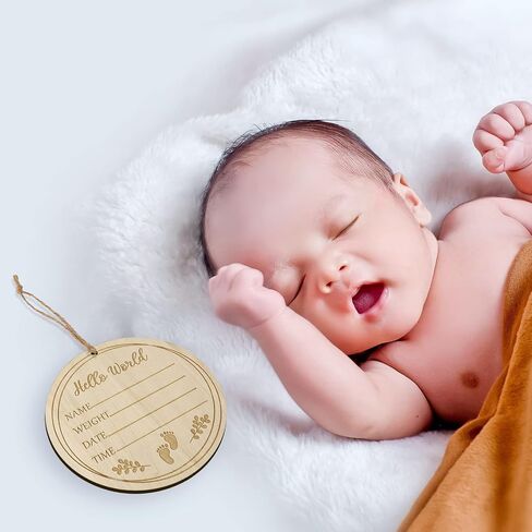 LUTER Baby Announcement Sign, 3.9 inch Hello World Welcome Name Sign with a Hemp Rope Round Wooden Milestone Baby Announcement Plaque for Newborn Photo Props in Saudi Arabia