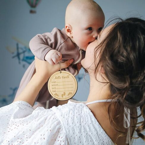 LUTER Baby Announcement Sign, 3.9 inch Hello World Welcome Name Sign with a Hemp Rope Round Wooden Milestone Baby Announcement Plaque for Newborn Photo Props in Saudi Arabia