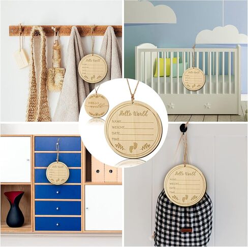 LUTER Baby Announcement Sign, 3.9 inch Hello World Welcome Name Sign with a Hemp Rope Round Wooden Milestone Baby Announcement Plaque for Newborn Photo Props in Saudi Arabia