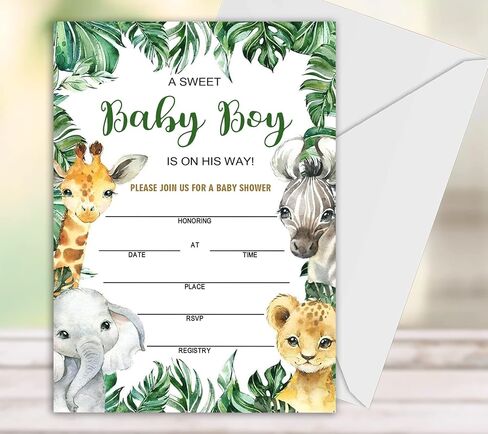 Geuro Baby Shower Invitations for boy, Jungle Animals Fill In Invites Cards wih Envelopes, Wooden, Set of 25. in Kuwait