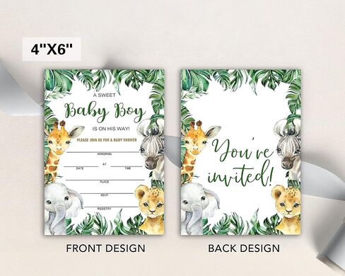 Geuro Baby Shower Invitations for boy, Jungle Animals Fill In Invites Cards wih Envelopes, Wooden, Set of 25. in Kuwait