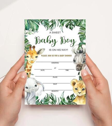Geuro Baby Shower Invitations for boy, Jungle Animals Fill In Invites Cards wih Envelopes, Wooden, Set of 25. in Kuwait