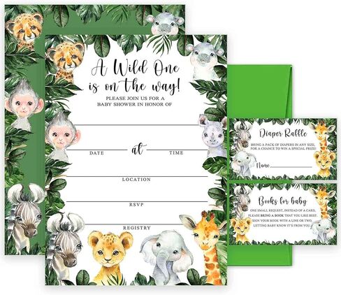 Yuzioey 50 Safari Baby Shower Invitations, Jungle Animals Invitations Macthing Envelpoes, Diaper Raffle Tickets, Book Request Cards, Safari Animals Invitations in Kuwait