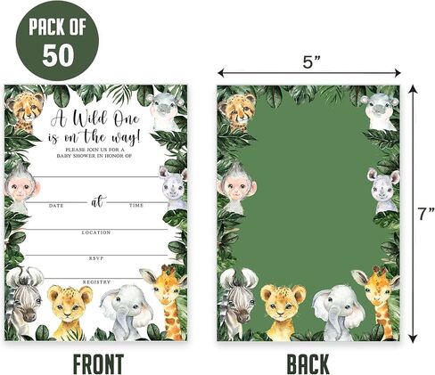 Yuzioey 50 Safari Baby Shower Invitations, Jungle Animals Invitations Macthing Envelpoes, Diaper Raffle Tickets, Book Request Cards, Safari Animals Invitations in Kuwait
