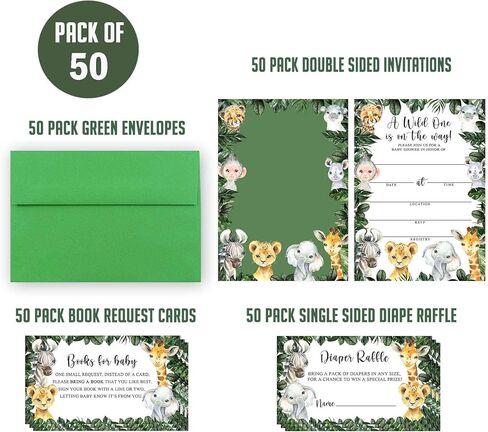 Yuzioey 50 Safari Baby Shower Invitations, Jungle Animals Invitations Macthing Envelpoes, Diaper Raffle Tickets, Book Request Cards, Safari Animals Invitations in Kuwait
