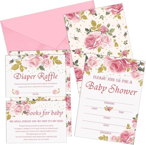 Marspark Set of 25 Floral Baby Shower Invitations, Diaper Raffle Tickets and Book Request Cards with Envelope, Baby Shower Party Supplies for Girl in Saudi Arabia