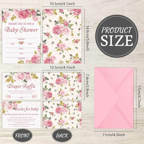 Marspark Set of 25 Floral Baby Shower Invitations, Diaper Raffle Tickets and Book Request Cards with Envelope, Baby Shower Party Supplies for Girl in Saudi Arabia