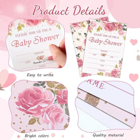 Marspark Set of 25 Floral Baby Shower Invitations, Diaper Raffle Tickets and Book Request Cards with Envelope, Baby Shower Party Supplies for Girl in Saudi Arabia
